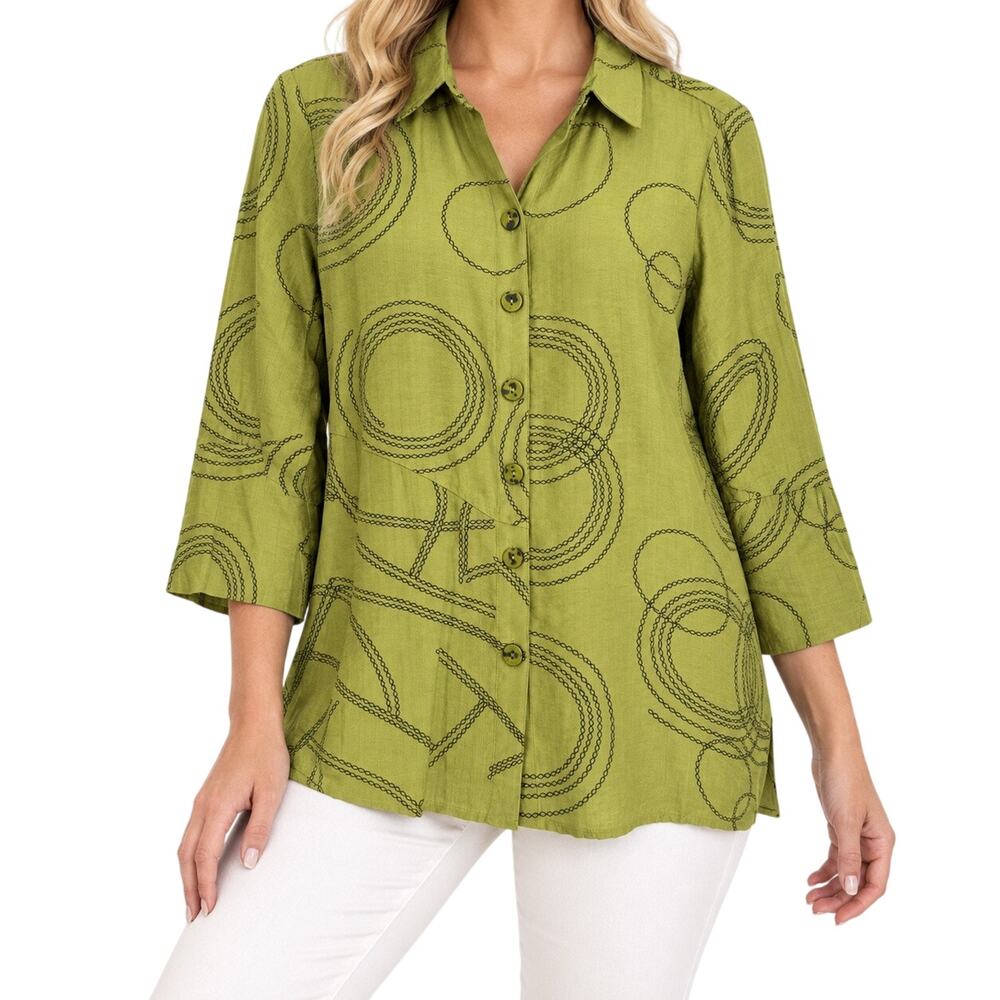 NEW NWT Ali Miles Green Wearable Art to Wear Blouse Shirt Top Artsy Tropical